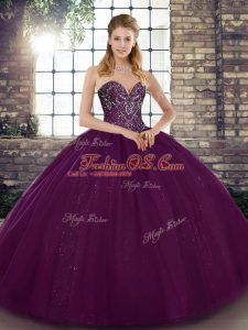 Most Popular Beading 15 Quinceanera Dress Dark Purple Lace Up Sleeveless Floor Length