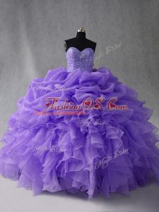 Most Popular Lavender Organza Lace Up Sweetheart Sleeveless Floor Length Quince Ball Gowns Beading and Ruffles