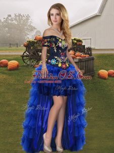 Off The Shoulder Sleeveless Organza Dress for Prom Embroidery and Ruffled Layers Lace Up