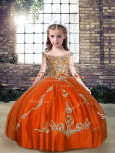 Orange Red Ball Gowns Off The Shoulder Sleeveless Tulle Floor Length Lace Up Beading Glitz Pageant Dress