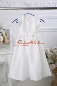 Fabulous White Empire Ruching Toddler Flower Girl Dress Zipper Satin Sleeveless Tea Length