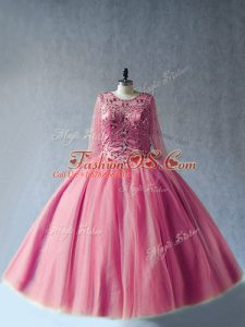 Pink Sweet 16 Dress Sweet 16 and Quinceanera with Beading Scoop Long Sleeves Lace Up