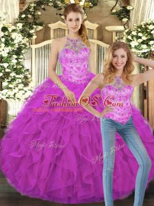 Modern Fuchsia Halter Top Neckline Beading and Ruffles 15th Birthday Dress Sleeveless Lace Up