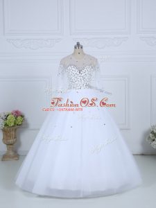 White Ball Gowns Tulle Scoop Long Sleeves Beading Floor Length Lace Up Bridal Gown