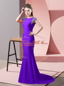Inexpensive Backless Dress Like A Star Lavender for Prom and Party with Beading Brush Train