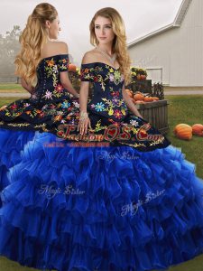 Off The Shoulder Sleeveless Lace Up Sweet 16 Dress Blue And Black Organza
