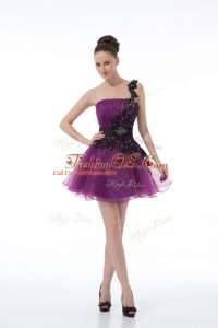 Eggplant Purple A-line Beading and Lace and Appliques Cocktail Dresses Zipper Organza Sleeveless Mini Length