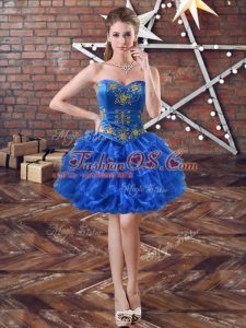 Royal Blue Organza Lace Up Sweetheart Sleeveless Mini Length Homecoming Dress Embroidery and Ruffled Layers