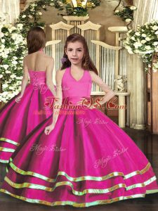 Fuchsia Lace Up Halter Top Ruffled Layers Pageant Gowns Organza Sleeveless