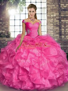 Fantastic Hot Pink Organza Lace Up Sweet 16 Dress Sleeveless Floor Length Beading and Ruffles