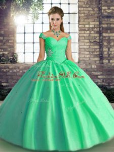 Admirable Turquoise Off The Shoulder Neckline Beading Sweet 16 Dress Sleeveless Lace Up