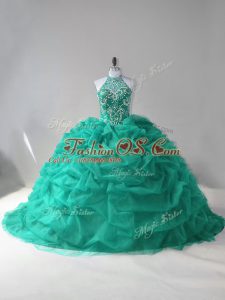 Turquoise Ball Gowns Beading and Pick Ups 15 Quinceanera Dress Lace Up Tulle Sleeveless