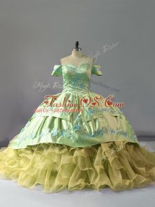 Luxury Sleeveless Chapel Train Lace Up Embroidery and Ruffles Vestidos de Quinceanera