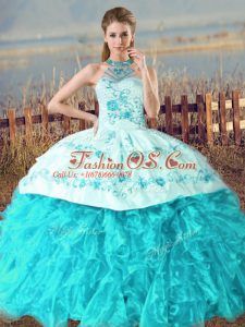 Ideal Aqua Blue Quinceanera Dresses Halter Top Sleeveless Court Train Lace Up