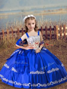 Luxurious Royal Blue Satin Lace Up Straps Sleeveless Floor Length Little Girl Pageant Gowns Beading and Embroidery