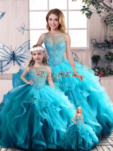 Adorable Aqua Blue Ball Gowns Tulle Scoop Sleeveless Beading and Ruffles Floor Length Lace Up 15 Quinceanera Dress