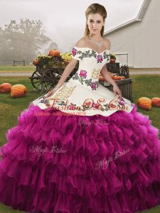 Sumptuous Floor Length Lace Up Quinceanera Dresses Fuchsia for Military Ball and Sweet 16 and Quinceanera with Embroidery and Ruffled Layers