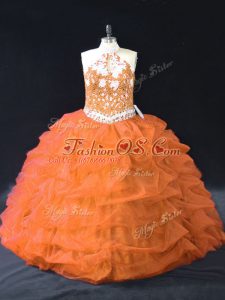 Ball Gowns Quinceanera Gowns Orange Halter Top Organza Sleeveless Floor Length Backless