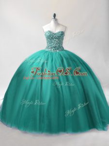 Turquoise Ball Gowns Sweetheart Sleeveless Tulle Floor Length Lace Up Beading Vestidos de Quinceanera