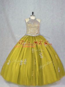 Olive Green Ball Gowns Tulle Halter Top Sleeveless Beading and Appliques Floor Length Lace Up Quinceanera Dresses
