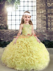 Yellow Green Fabric With Rolling Flowers Lace Up Kids Pageant Dress Sleeveless Floor Length Beading