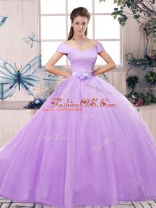Lavender Tulle Lace Up Sweet 16 Dresses Short Sleeves Floor Length Lace and Hand Made Flower