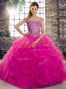 Fuchsia Tulle Lace Up Off The Shoulder Sleeveless Quince Ball Gowns Brush Train Beading and Ruffles