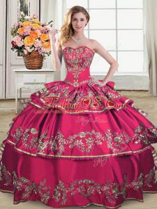 Dynamic Organza Sweetheart Sleeveless Lace Up Embroidery and Ruffled Layers Quince Ball Gowns in Hot Pink