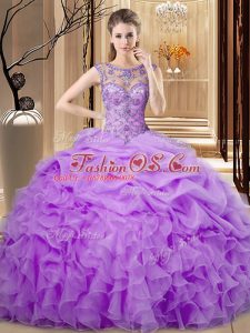 Delicate Floor Length Lace Up Quinceanera Dresses Lavender for Sweet 16 and Quinceanera with Beading and Ruffles and Pick Ups