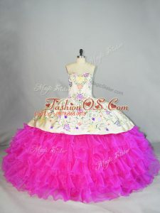 Fuchsia Sleeveless Embroidery and Ruffled Layers Lace Up Quinceanera Dress