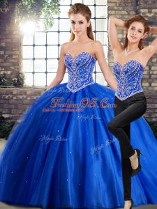 Blue Lace Up Sweet 16 Quinceanera Dress Beading Sleeveless Brush Train