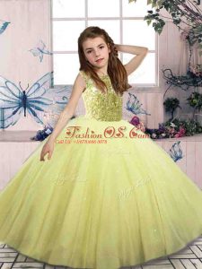 Perfect Floor Length Lace Up Little Girls Pageant Dress Yellow Green for Party and Wedding Party with Beading