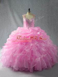 Sophisticated Baby Pink Zipper Straps Beading and Ruffles and Pick Ups Sweet 16 Quinceanera Dress Organza Sleeveless