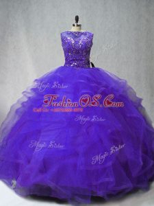 Brush Train Ball Gowns Vestidos de Quinceanera Purple Scoop Tulle Sleeveless Lace Up