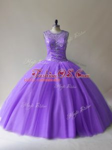 Best Floor Length Lavender Quinceanera Gown Tulle Sleeveless Beading