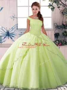 Fashion Yellow Green Ball Gowns Off The Shoulder Sleeveless Tulle Brush Train Lace Up Beading Quinceanera Gowns