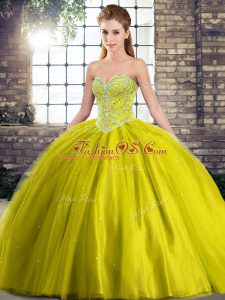 High Quality Olive Green Quinceanera Dress Military Ball and Sweet 16 and Quinceanera with Beading Sweetheart Sleeveless Brush Train Lace Up