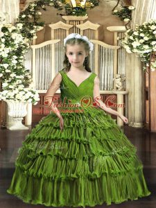 Custom Designed Olive Green Backless Girls Pageant Dresses Beading and Ruffled Layers Sleeveless Floor Length