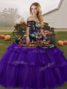 Simple Black And Purple Sleeveless Brush Train Embroidery and Ruffled Layers Sweet 16 Dresses