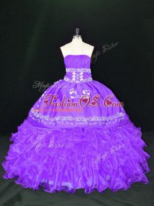 Stunning Lavender Organza Lace Up Strapless Sleeveless Floor Length Quinceanera Dress Embroidery and Ruffles