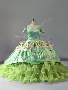 Yellow Green Off The Shoulder Lace Up Embroidery and Ruffles Sweet 16 Dress Chapel Train Sleeveless