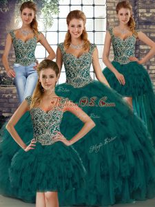 Fine Peacock Green Ball Gowns Straps Sleeveless Organza Floor Length Lace Up Beading and Ruffles Quinceanera Gown