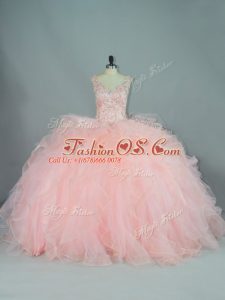 Artistic V-neck Sleeveless Tulle Quinceanera Gown Ruffles Lace Up