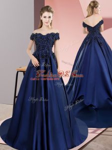 Dazzling Navy Blue A-line Satin Off The Shoulder Sleeveless Lace Lace Up Sweet 16 Quinceanera Dress