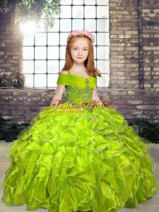 Stylish Olive Green Ball Gowns Organza Straps Sleeveless Beading Floor Length Lace Up Pageant Dress Wholesale