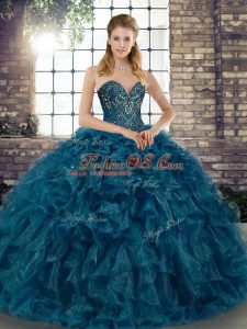 Cute Teal Ball Gowns Beading and Ruffles Sweet 16 Dresses Lace Up Organza Sleeveless Floor Length