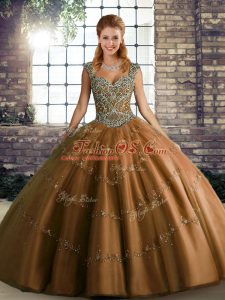 Brown Ball Gowns Tulle Straps Sleeveless Beading and Appliques Floor Length Lace Up 15th Birthday Dress