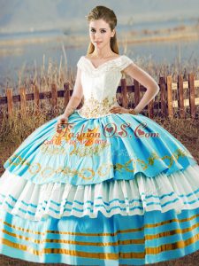 Trendy Blue And White Organza Lace Up 15th Birthday Dress Sleeveless Floor Length Embroidery and Ruffled Layers