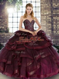 Ball Gowns Ball Gown Prom Dress Burgundy Sweetheart Tulle Sleeveless Floor Length Lace Up