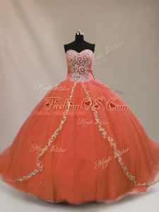 Orange Tulle Lace Up Sweet 16 Quinceanera Dress Sleeveless Brush Train Beading